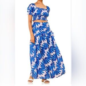 HT 360 Collective Blue Bananas maxi skirt with side bow Size Small